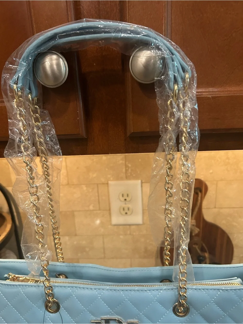 Badgley Mischka Sky Blue Quilted Large Tote, Chain Straps NWT